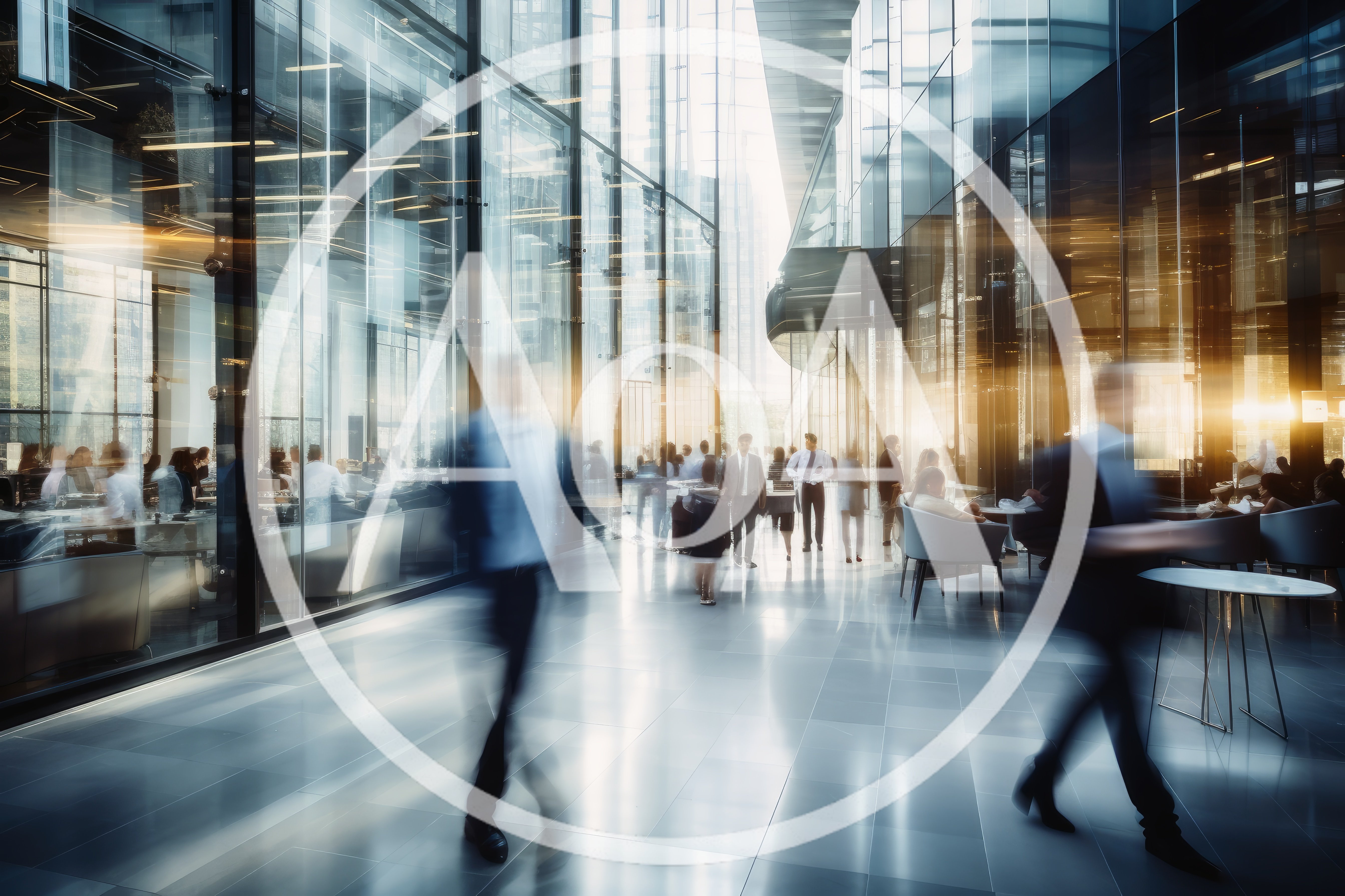 Business Professionals Walking Through Modern Glass Office Lobby