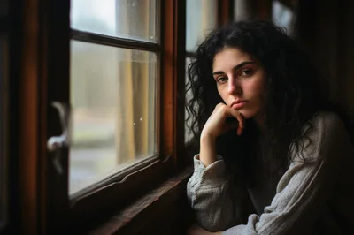 Pensive Young Woman Looking Out A Window