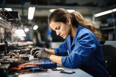 Female Technician Assembling Electronic Circuit Board In Factory