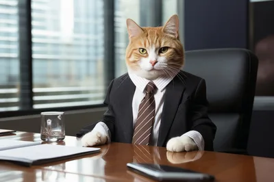 Professional Business Cat Sitting At Office Desk