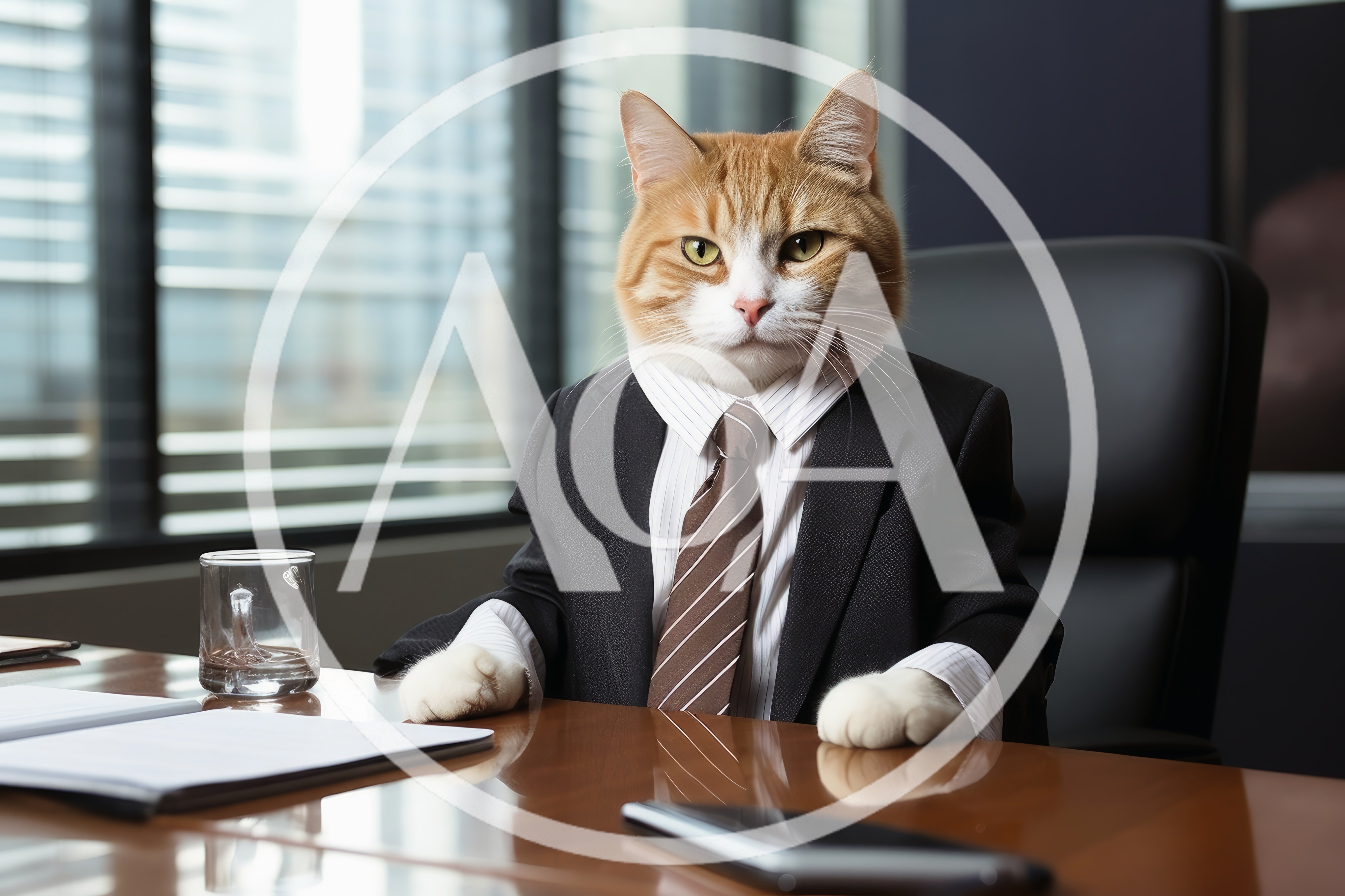 Professional Business Cat Sitting At Office Desk