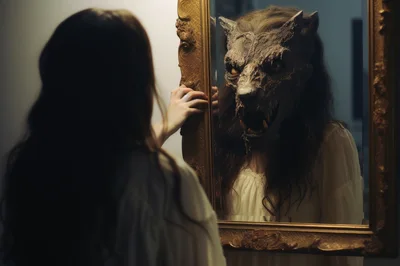 Woman Looking At Werewolf Reflection In Antique Mirror