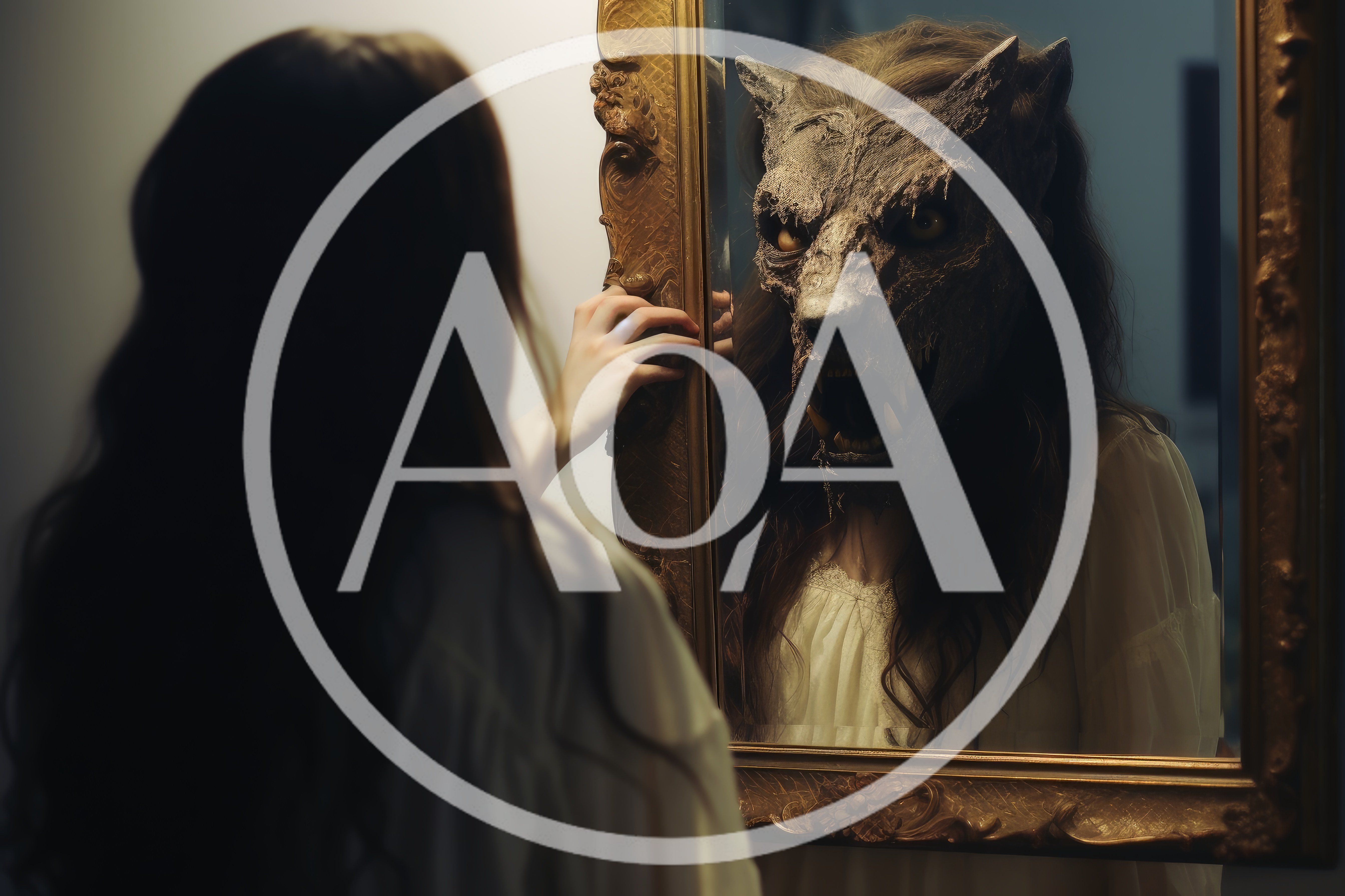Woman Looking At Werewolf Reflection In Antique Mirror