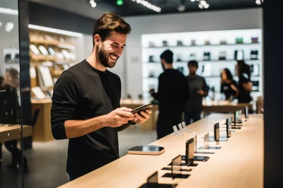 Young Man Testing Smartphone In Electronics Store
