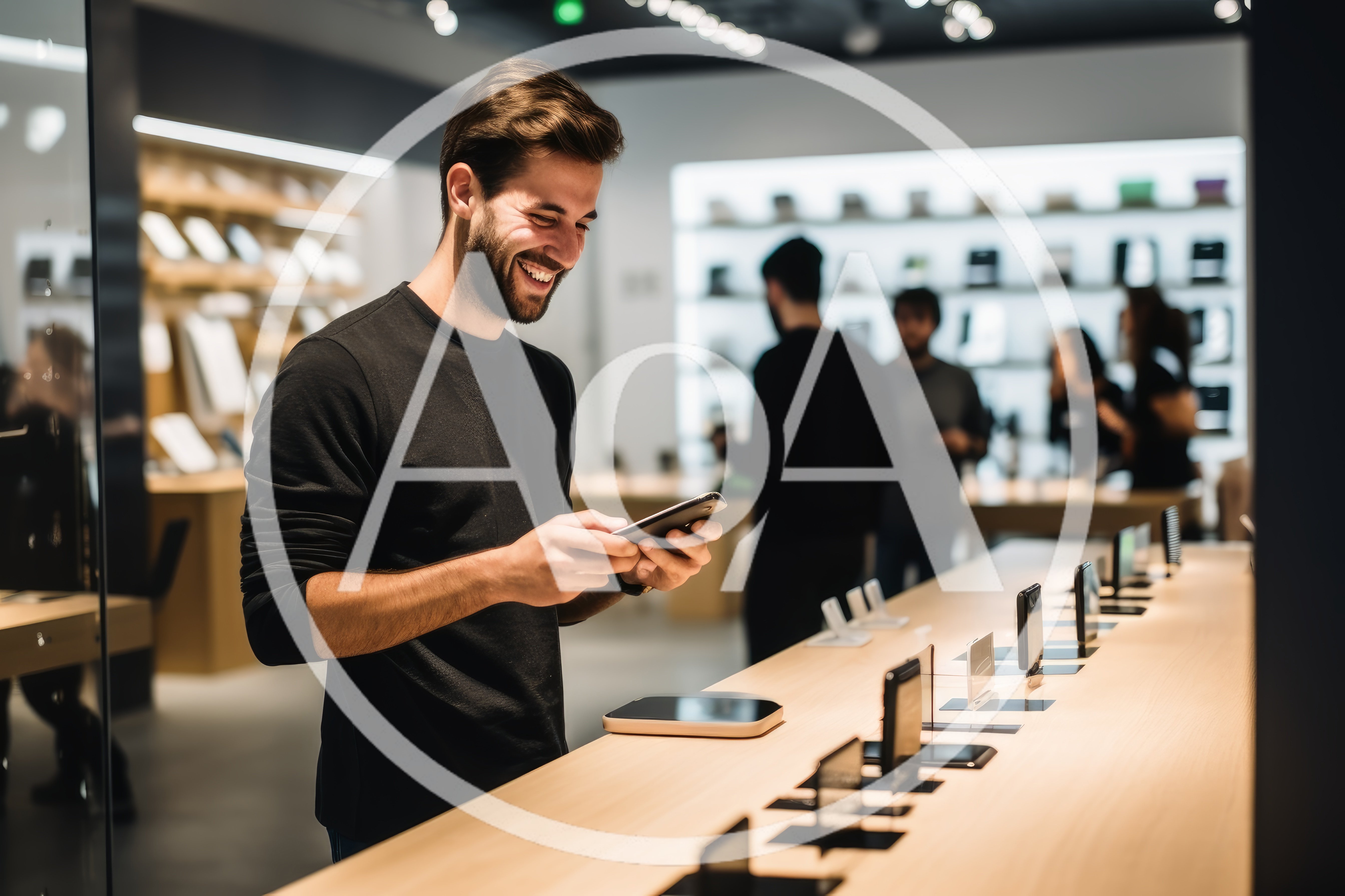Young Man Testing Smartphone In Electronics Store