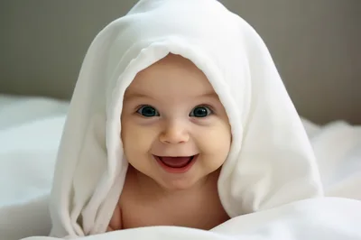 Happy Baby Wrapped In A Soft White Blanket