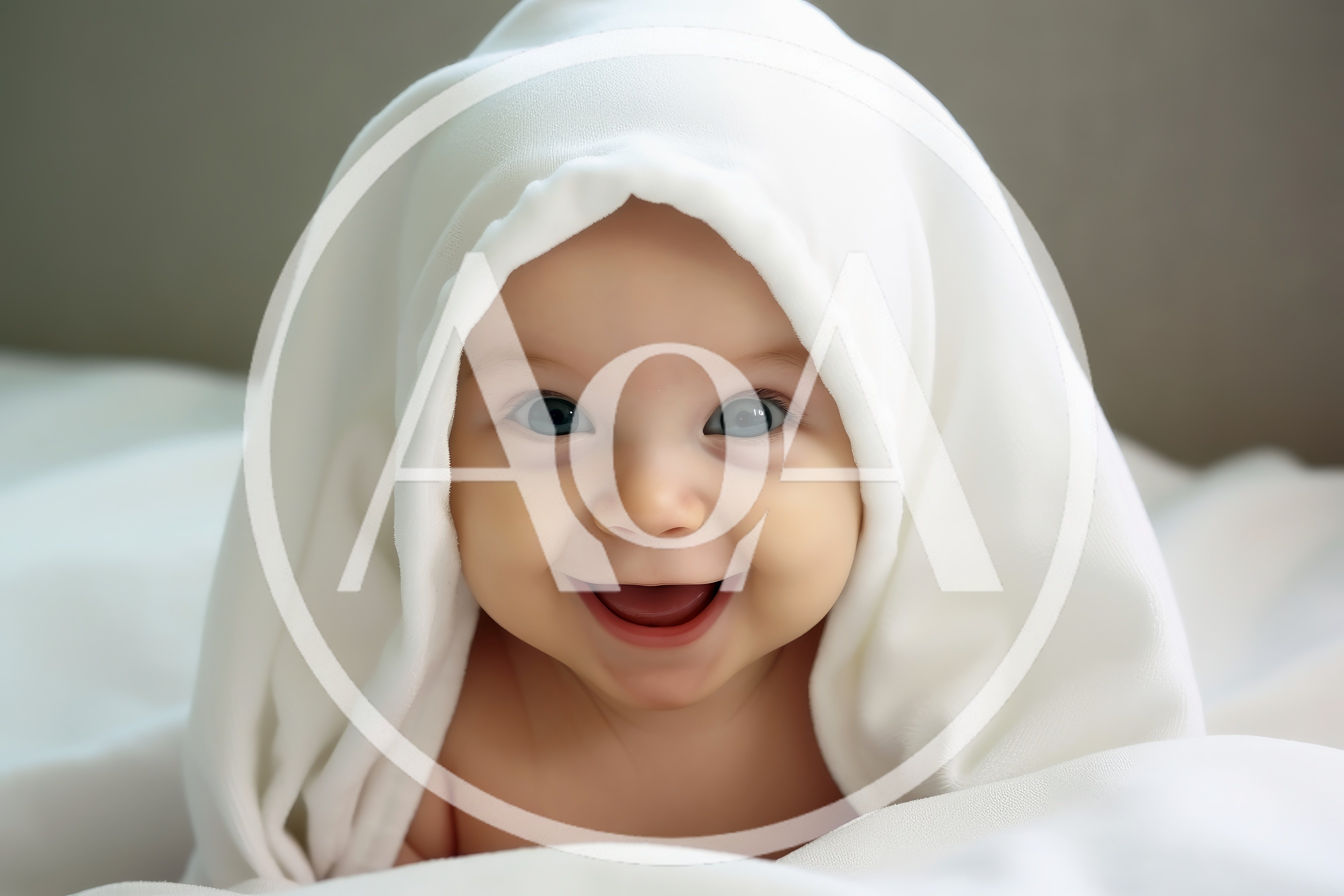 Happy Baby Wrapped In A Soft White Blanket