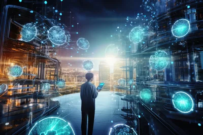 Futuristic Business Professional Analyzing Digital Data Holograms