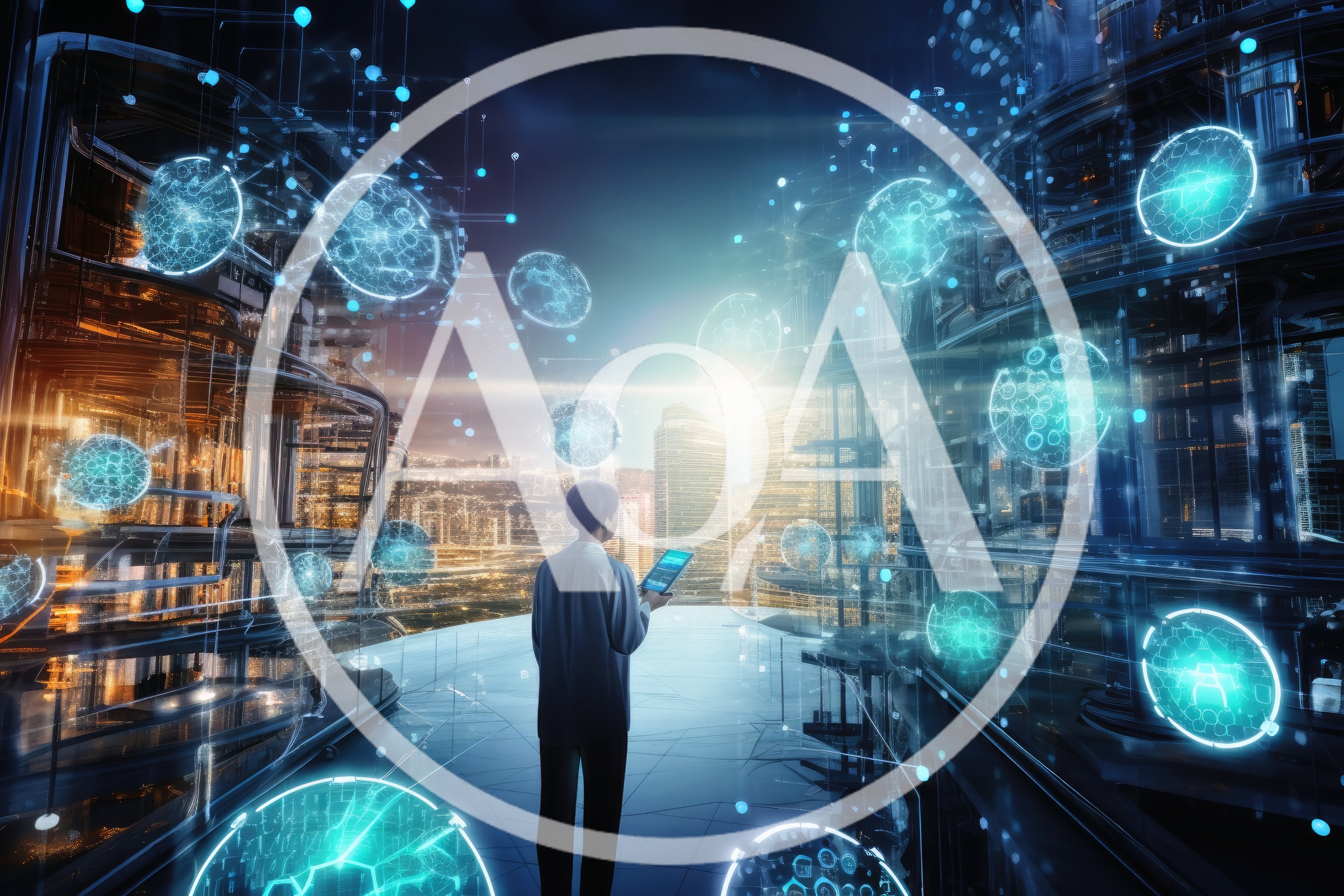 Futuristic Business Professional Analyzing Digital Data Holograms