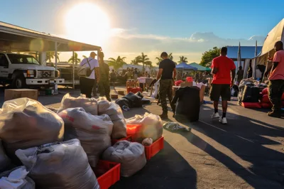 Military Personnel Organizing Humanitarian Aid Supplies Outdoors