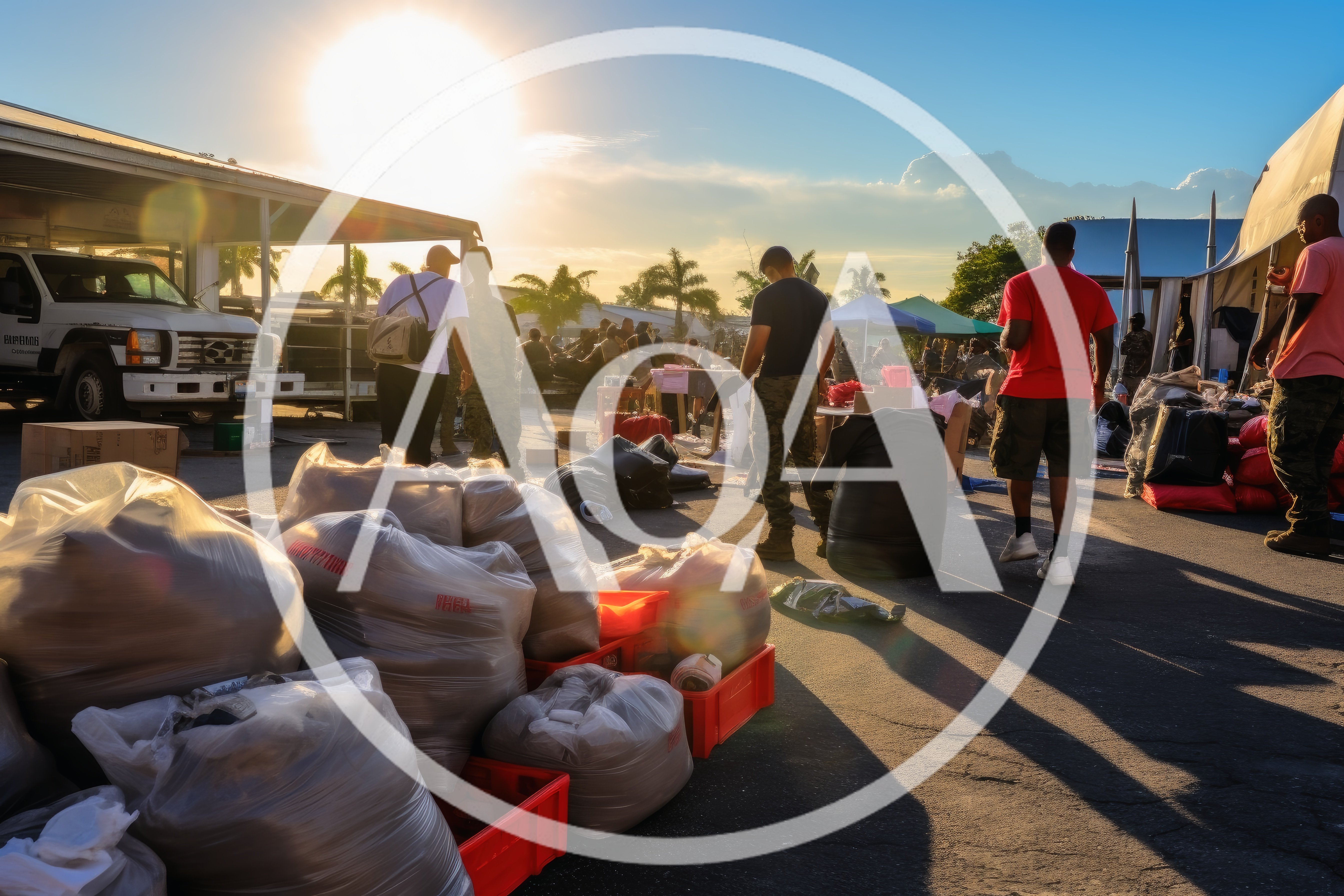 Military Personnel Organizing Humanitarian Aid Supplies Outdoors