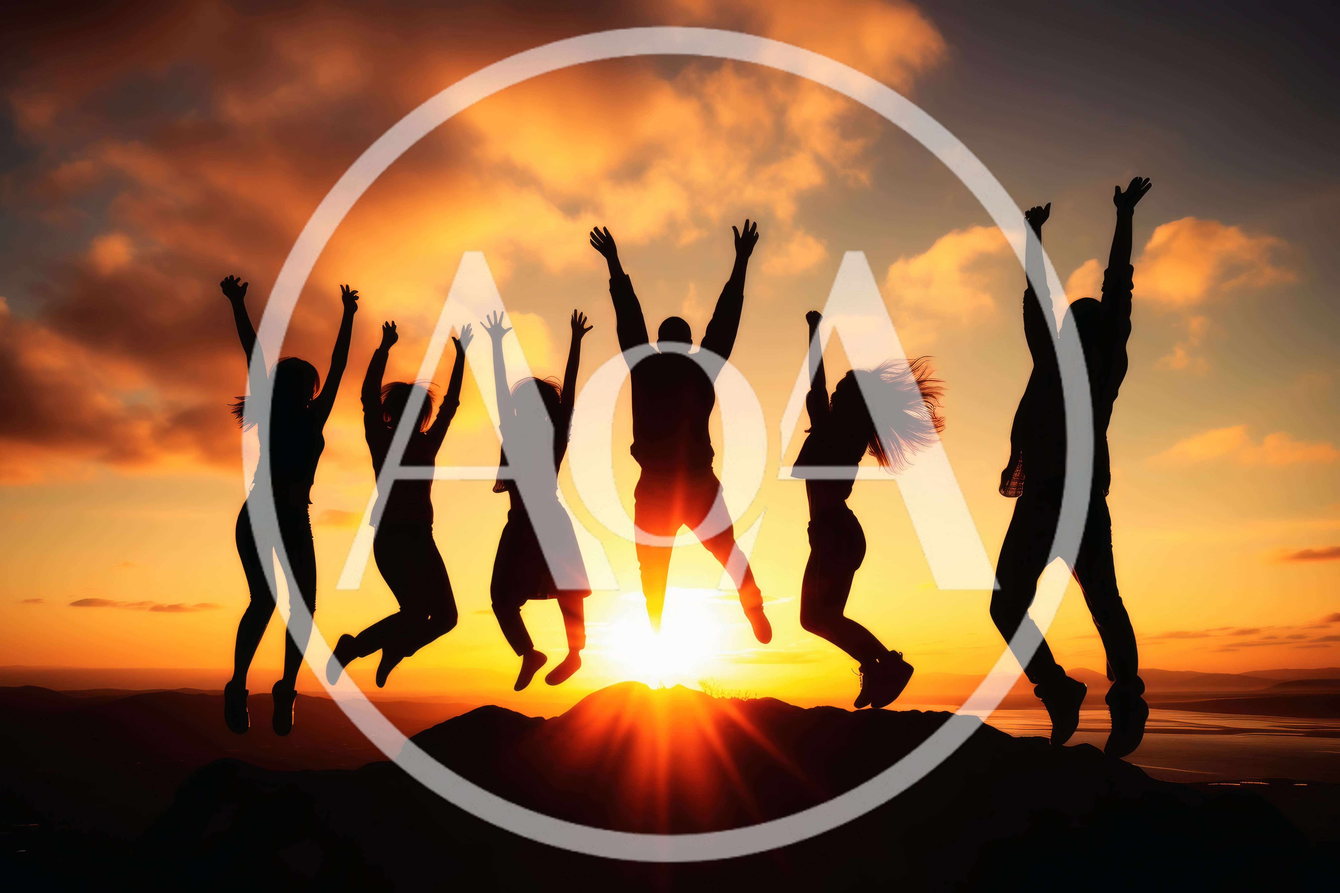 Group Of Friends Jumping In Silhouette At Sunset