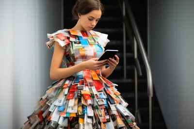 Young Woman Wearing Avant Garde Dress Made Of Plastic