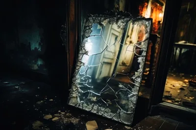 Broken Antique Mirror In Abandoned Dark Room