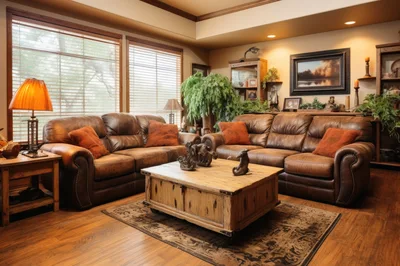 Cozy Living Room With Leather Sofas And Wooden Furniture