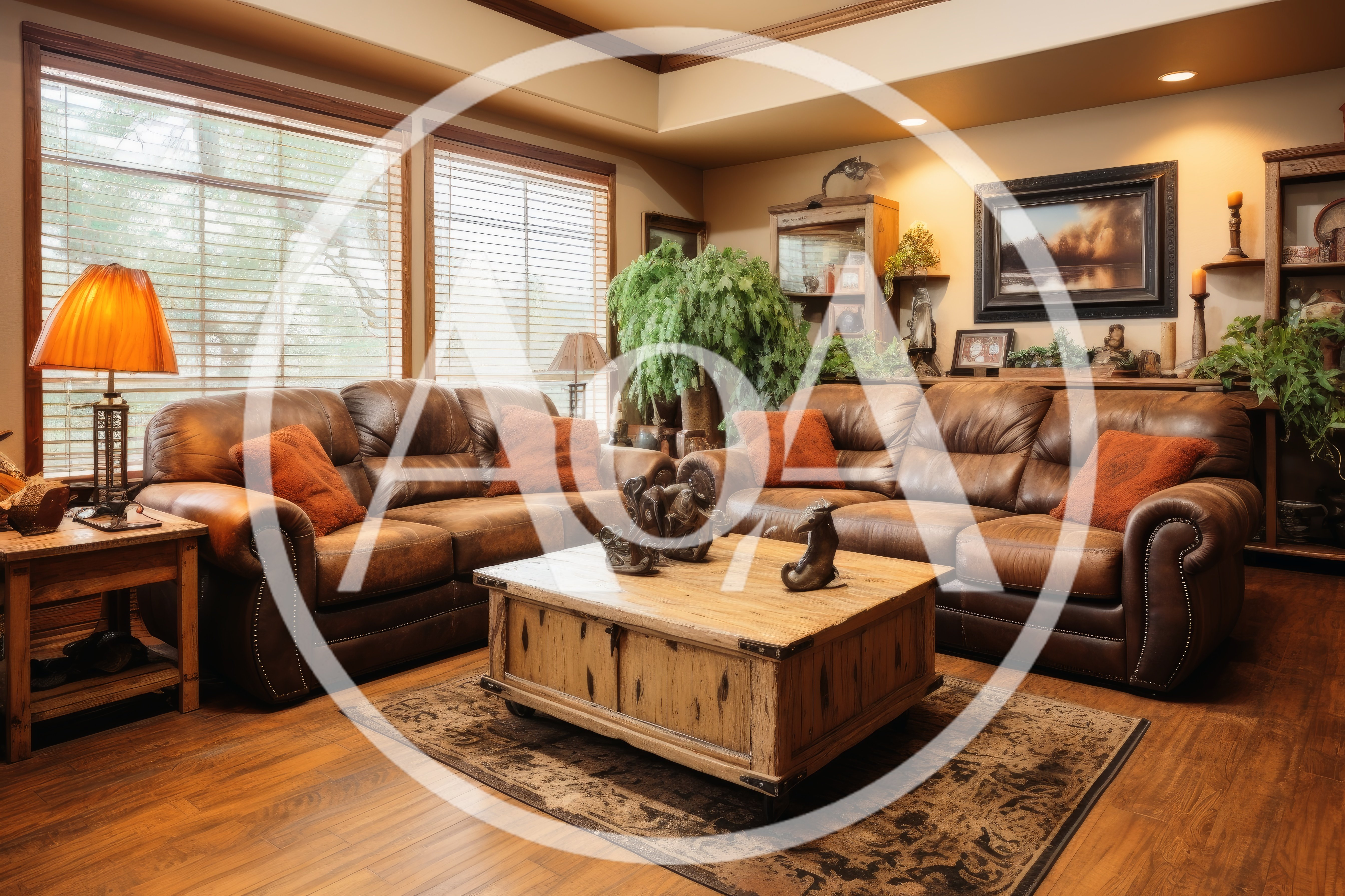 Cozy Living Room With Leather Sofas And Wooden Furniture