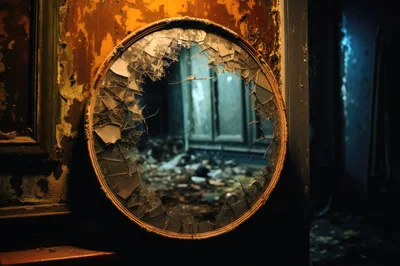 Broken Round Mirror In Abandoned Dilapidated Room