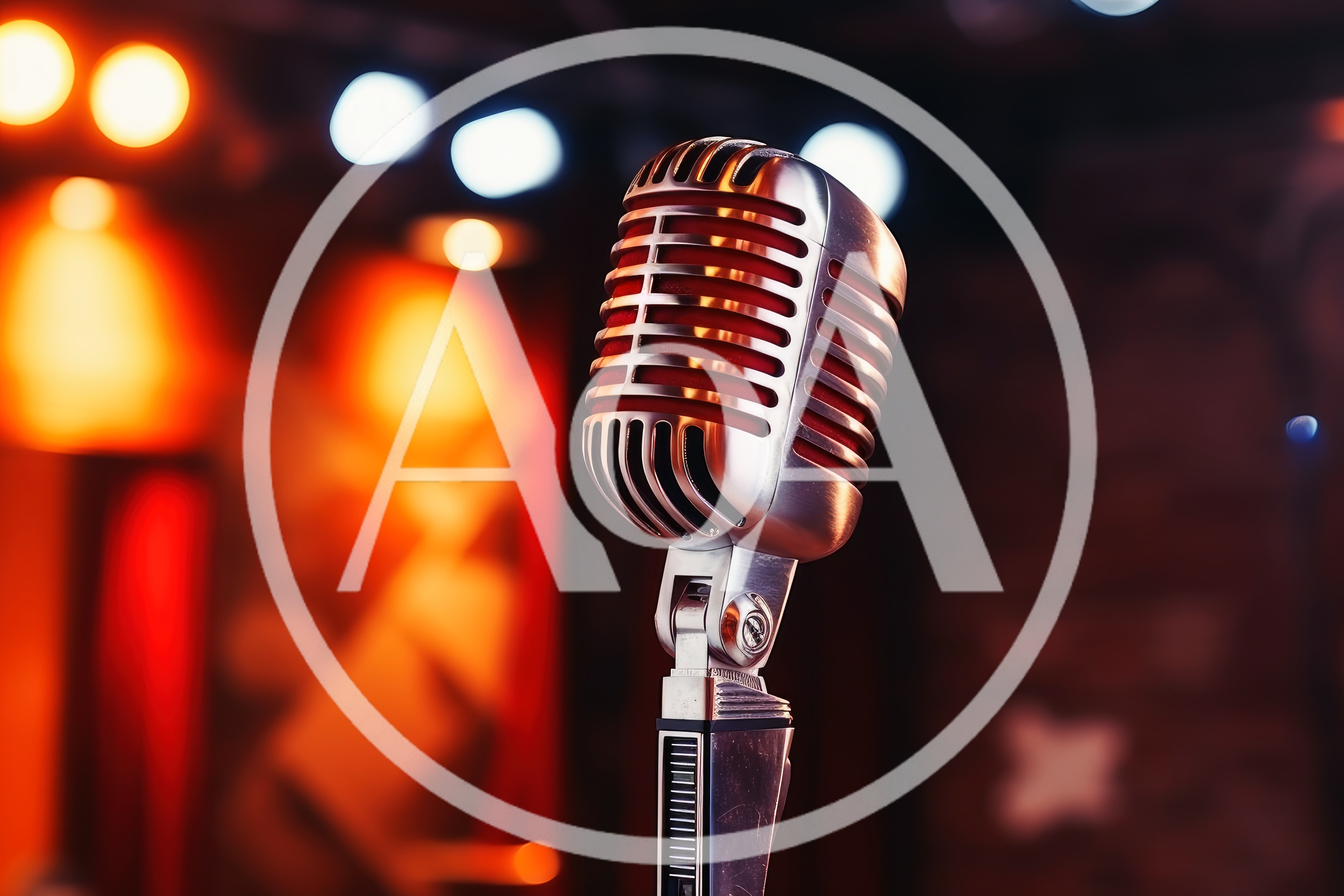 Vintage Silver Microphone On Stage Under Warm Lighting