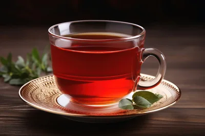Glass Cup Of Red Tea On A Gold Saucer