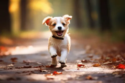Happy Puppy Running Along A Sunny Autumn Path