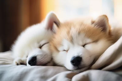 Two Fluffy Puppies Sleeping Together On A Soft Bed