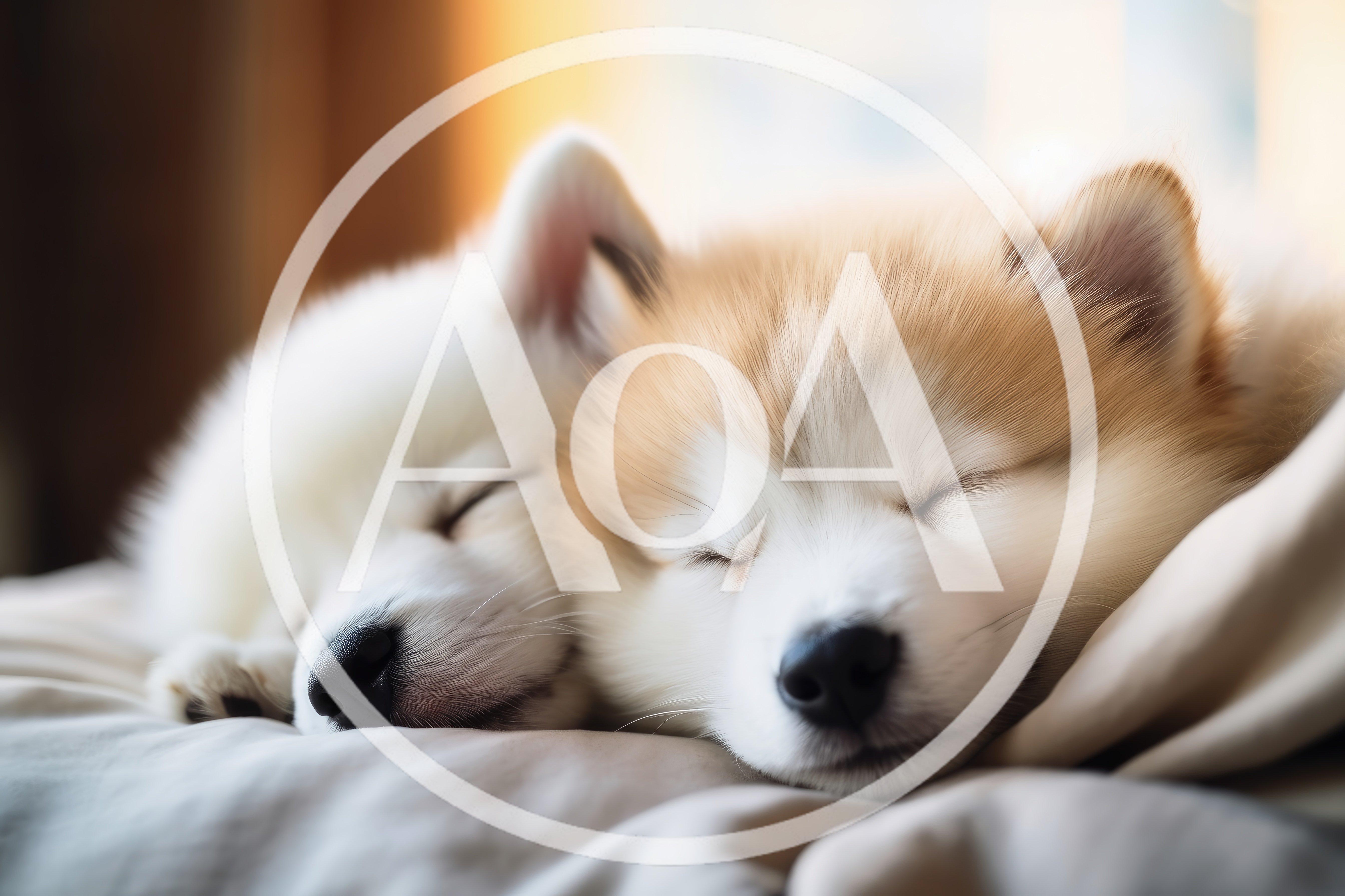 Two Fluffy Puppies Sleeping Together On A Soft Bed