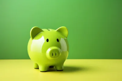 Bright Green Piggy Bank On Yellow Surface