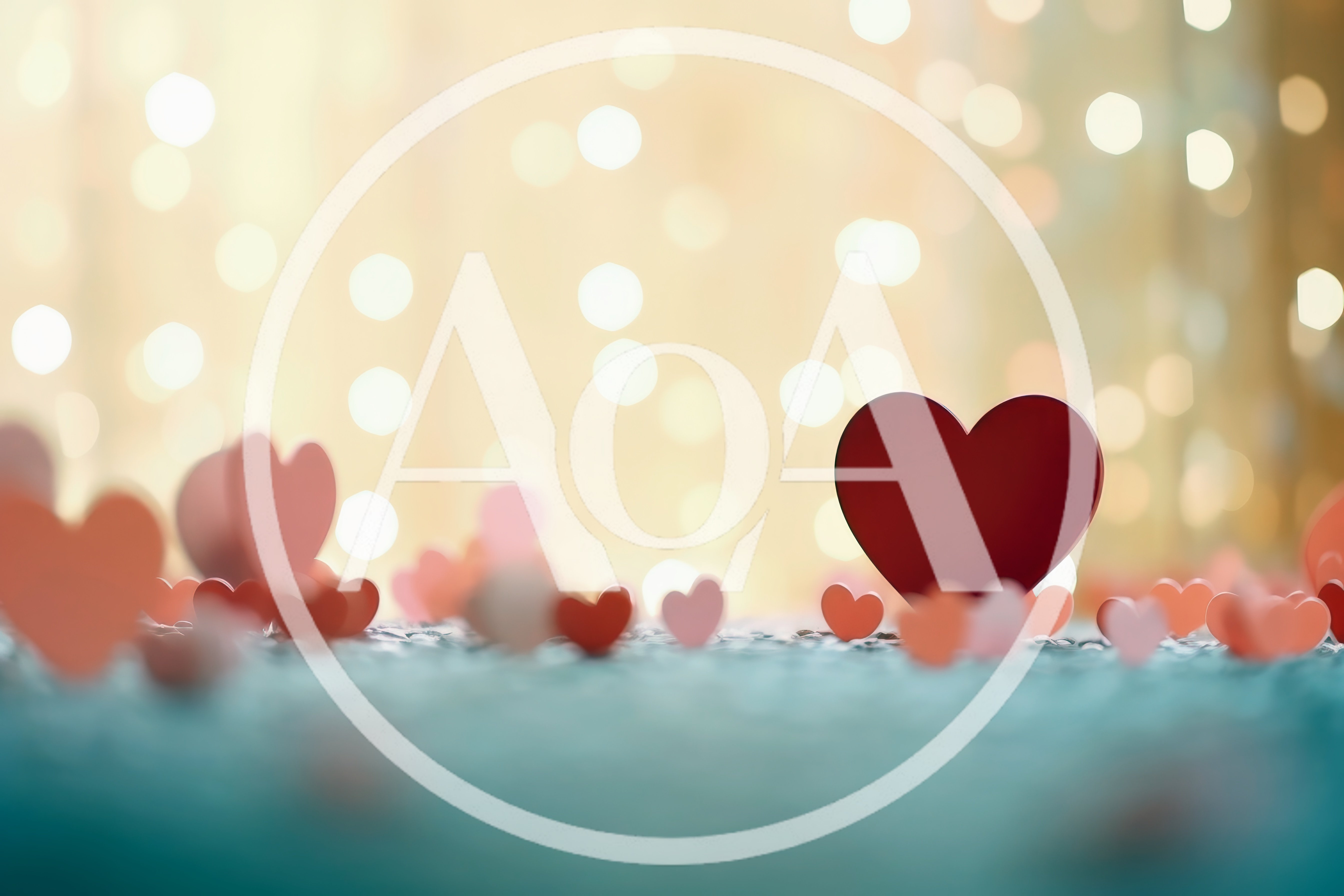 Red Heart Decorations on Teal Surface with Bokeh Background