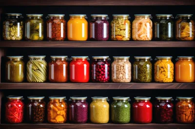 Assorted Preserved Vegetables and Fruits in Glass Jars