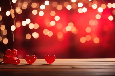Red Heart Decorations on Wooden Table with Bokeh Lights