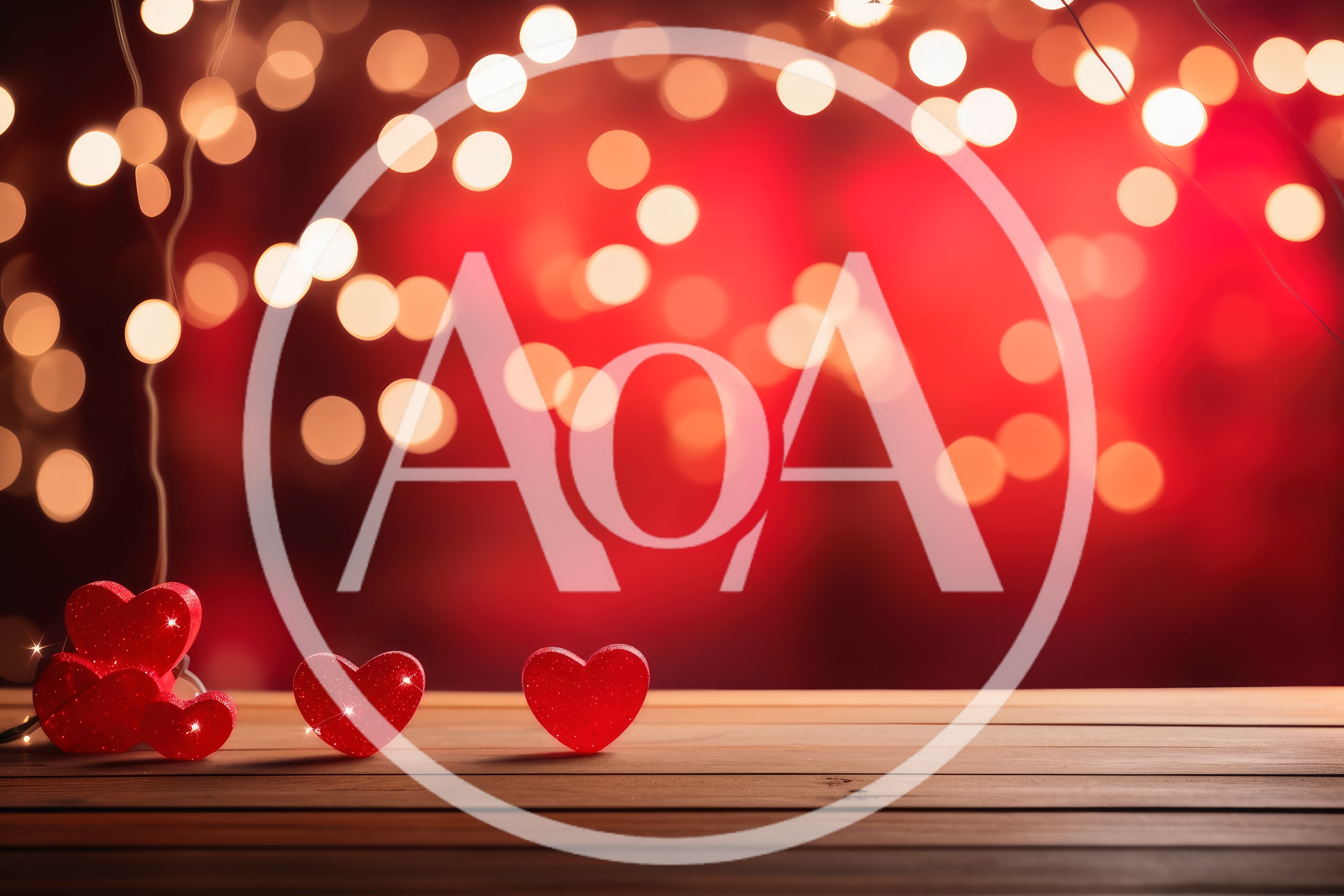 Red Heart Decorations on Wooden Table with Bokeh Lights