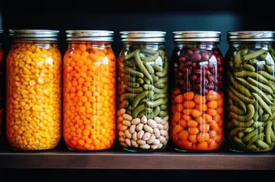 Five Glass Jars Filled With Preserved Vegetables