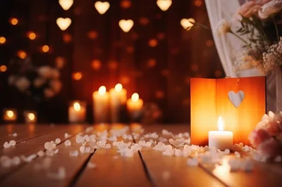 Romantic Candlelight Setting With Heart Shaped Decorations