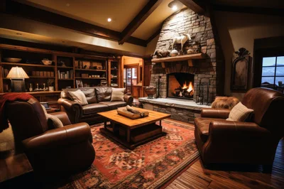 Cozy Rustic Living Room With Stone Fireplace