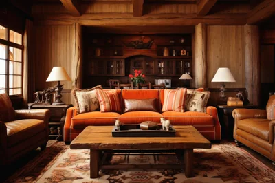 Rustic Living Room With Orange Sofa And Wood Decor