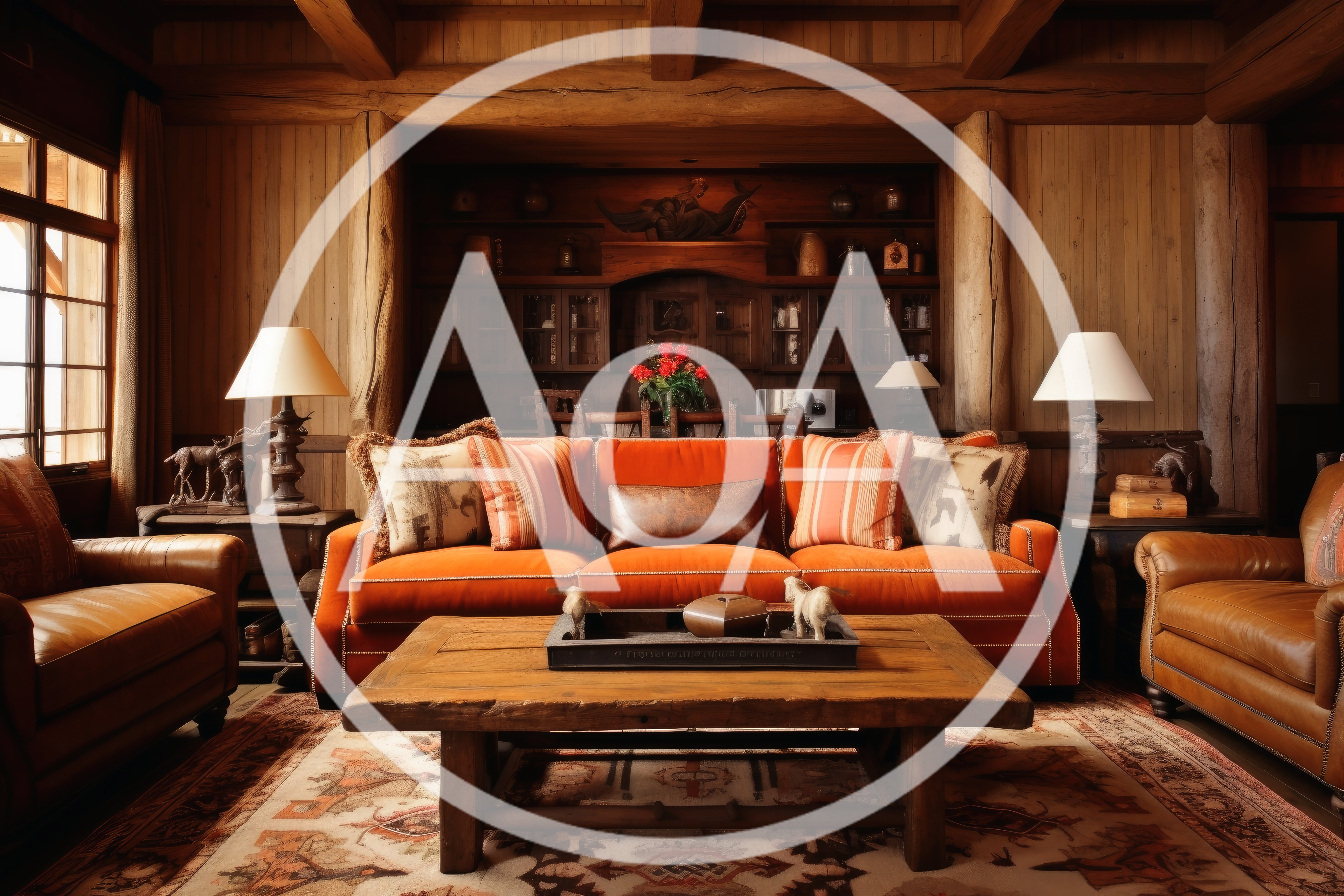 Rustic Living Room With Orange Sofa And Wood Decor