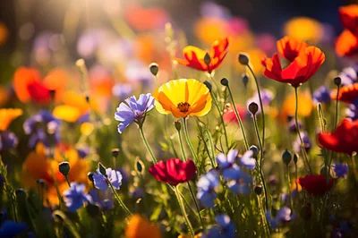Vibrant Wildflower Meadow Under Golden Hour Sunlight