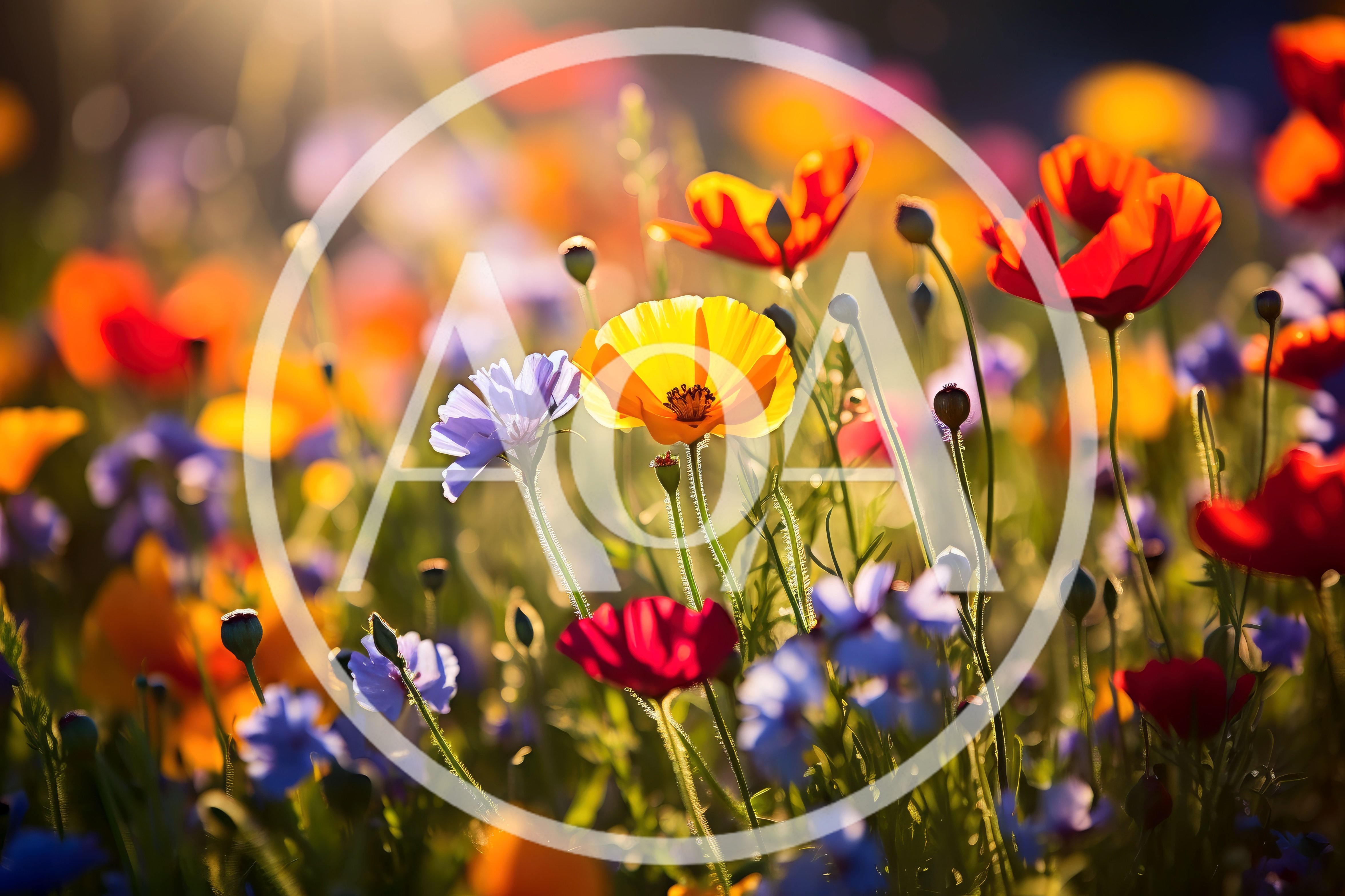 Vibrant Wildflower Meadow Under Golden Hour Sunlight