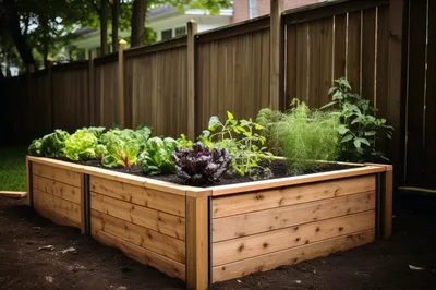 Raised Cedar Garden Bed With Fresh Vegetables