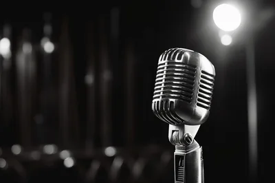 Vintage Silver Microphone on Stage Under Spotlight