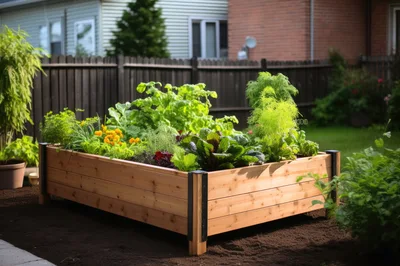 Raised Cedar Garden Bed With Lush Vegetables And Herbs