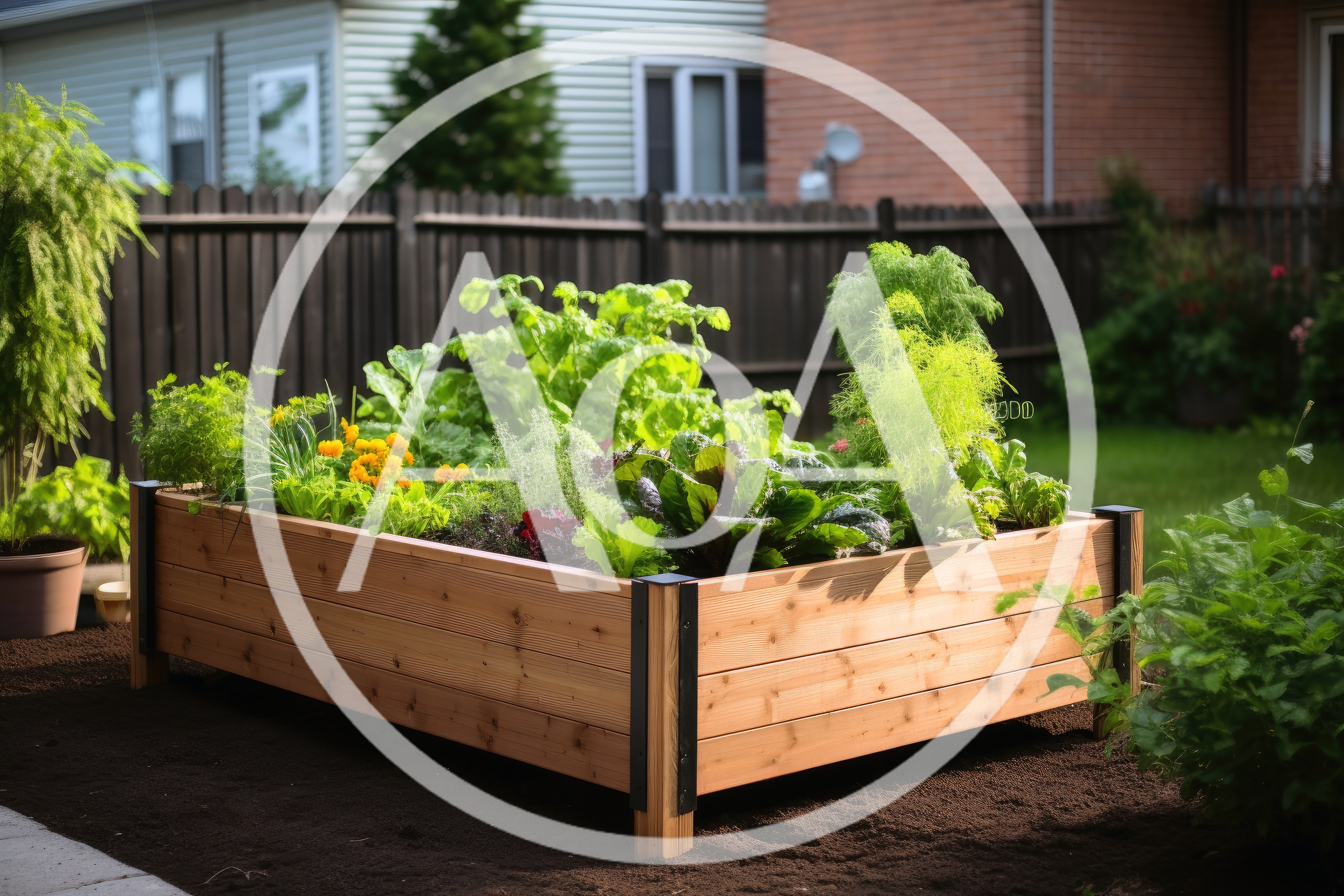 Raised Cedar Garden Bed With Lush Vegetables And Herbs