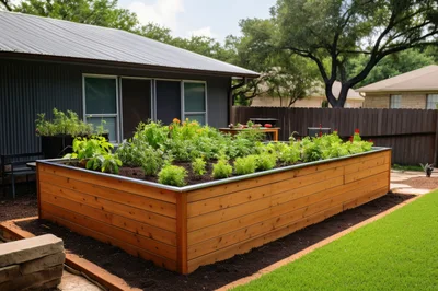 Large Wooden Raised Garden Bed In Backyard