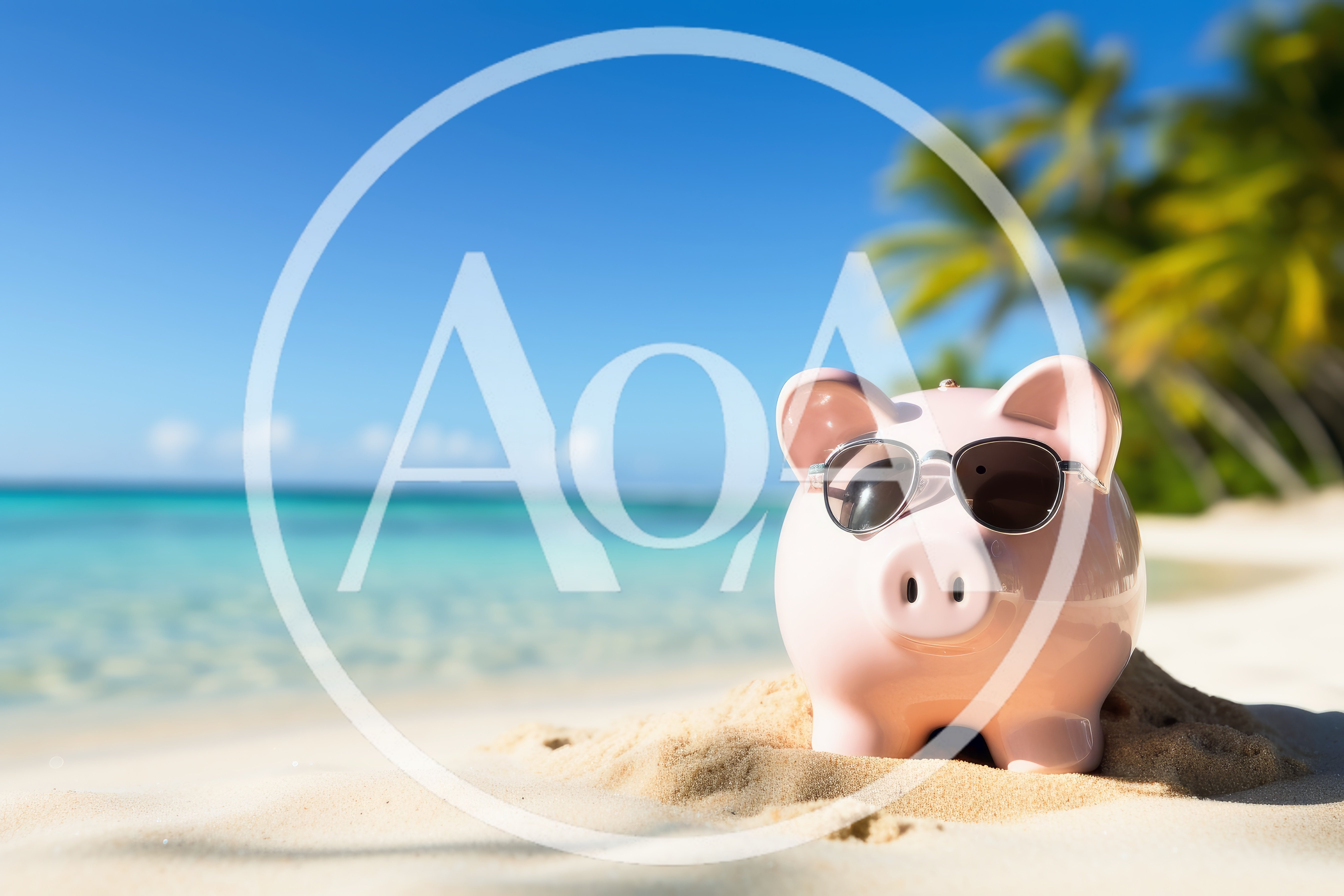 Pink Piggy Bank Wearing Sunglasses On Tropical Beach