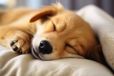 Golden Retriever Puppy Sleeping Peacefully On A Soft Pillow