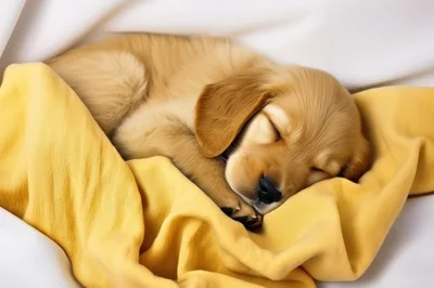 Sleeping Golden Retriever Puppy Wrapped In Yellow Blanket