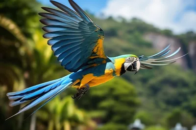 Blue and Yellow Macaw Flying in Tropical Landscape