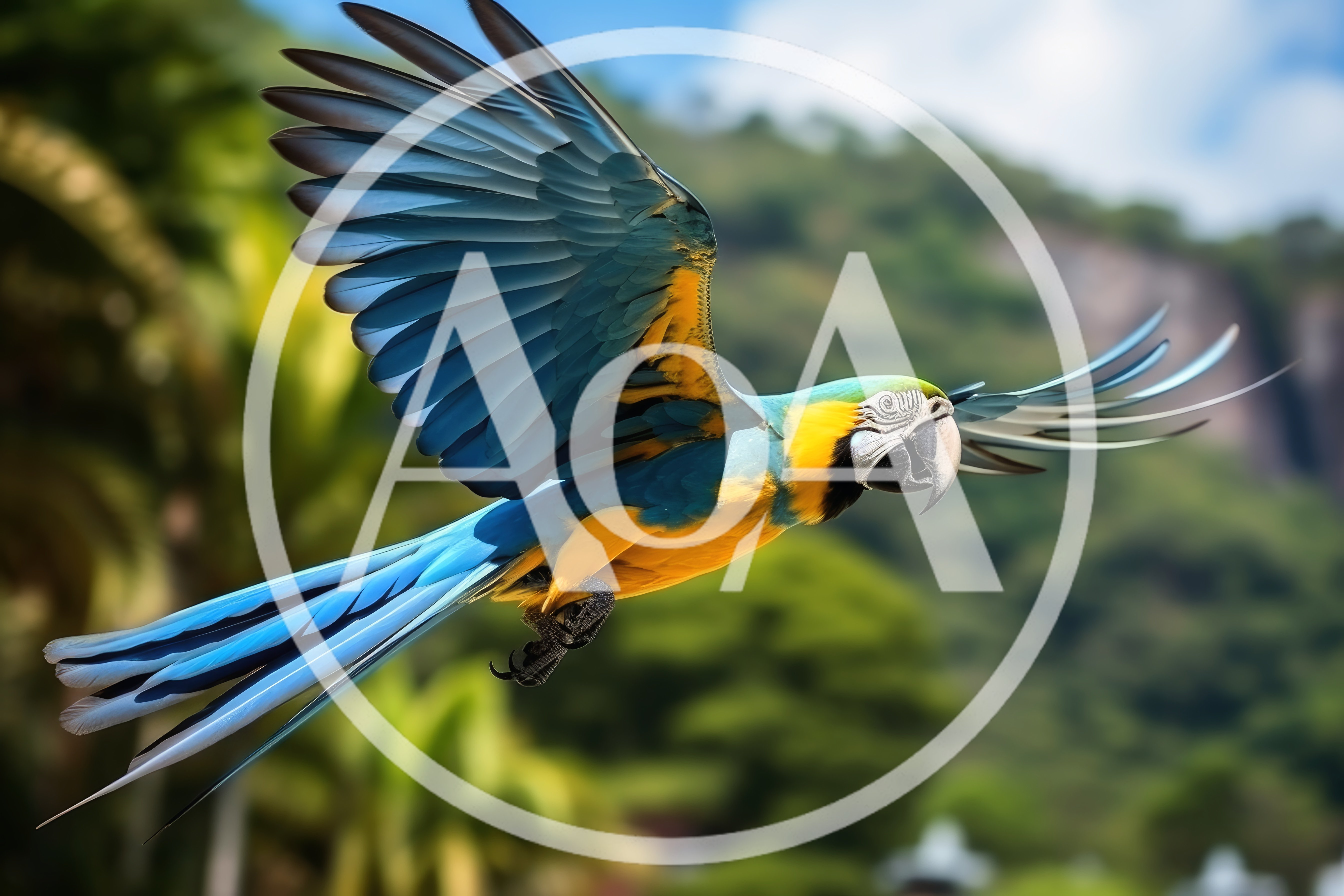 Blue and Yellow Macaw Flying in Tropical Landscape