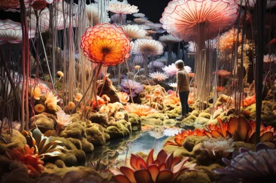 Person Exploring A Surreal Bioluminescent Alien Forest