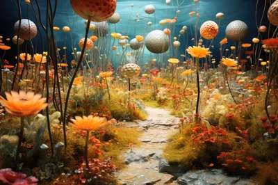 Surreal Underwater Garden With Glowing Spheres And Flowers